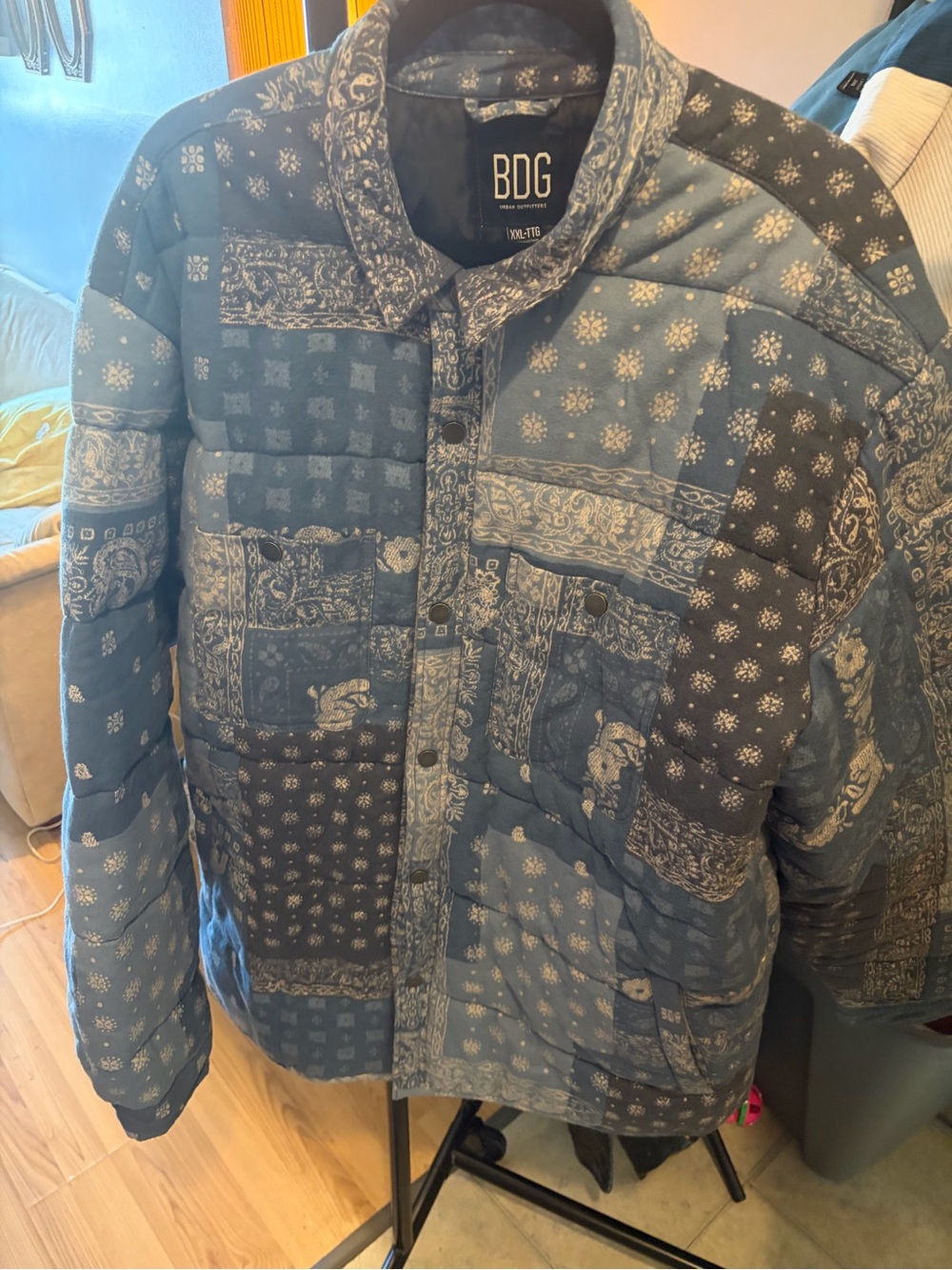 BDG Navy Bandana-Pattern Quilted Shirt Jacket